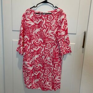 Boden Women's 10R Red Coral White Bird Floral Linen‎ Blend Shift Dress Botanical
